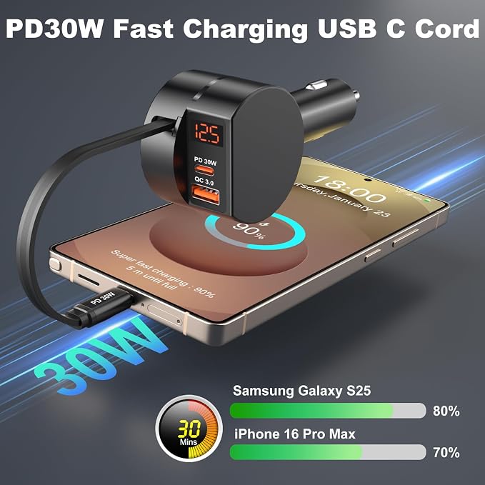 Retractable Car Charger USB C, OKRAY 78W 3-Port 12v Cigarette Lighter Adapter - Image 3