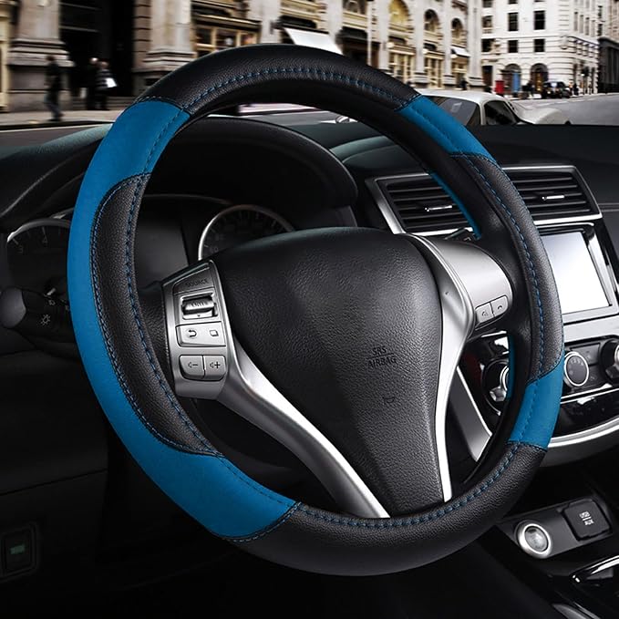 Leather Car Steering Wheel Cover, Non-Slip Car Wheel Cover Protector Breathable by Szttswamp