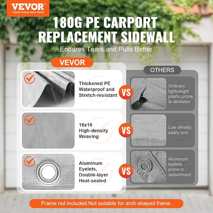 VEVOR Carport Replacement Canopy Cover Side Wall 12 x 20 ft, Garage Tent - Image 2