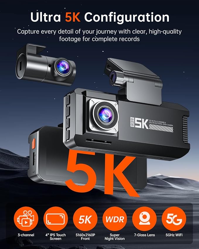 R39 Dash Cam Front and Rear, Dash Cam 3 Channel 5K - Image 4