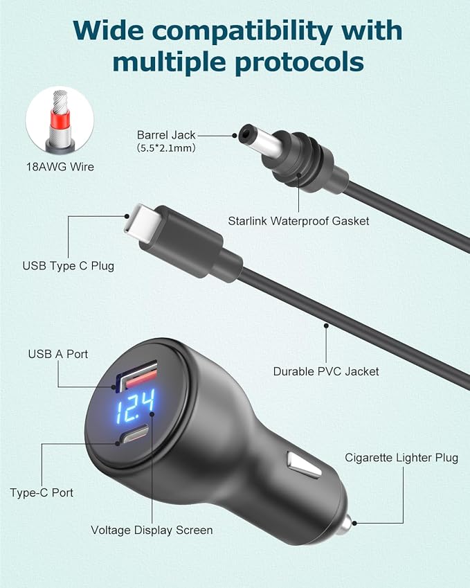 Starlink Mini USB C Power Cable 5.9FT 3 in 1 Starlink Mini Car Adapter DC Power - Image 5