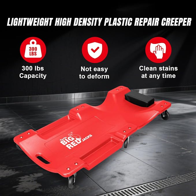 Big RED Plastic Rolling Garage/Shop Creeper: Dual Tool Trays and 6 Casters - Image 4