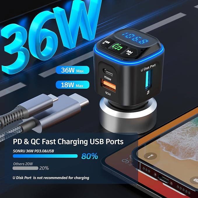 Bluetooth 5.3 FM Transmitter Car Adapter Wireless Radio Adapter HiFi Bass Sound - Image 2