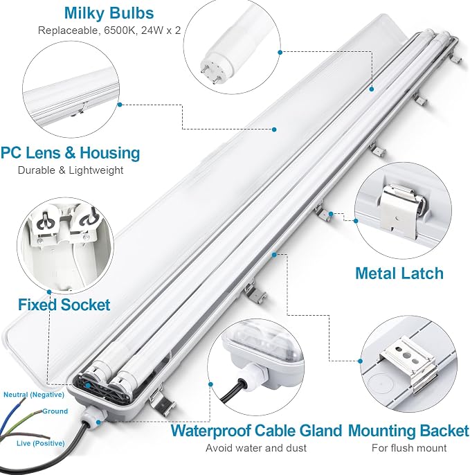 4FT Vapor Tight LED Light Fixture 4200LM 48W, 6500K Bright White IP65 Waterproof - Image 2