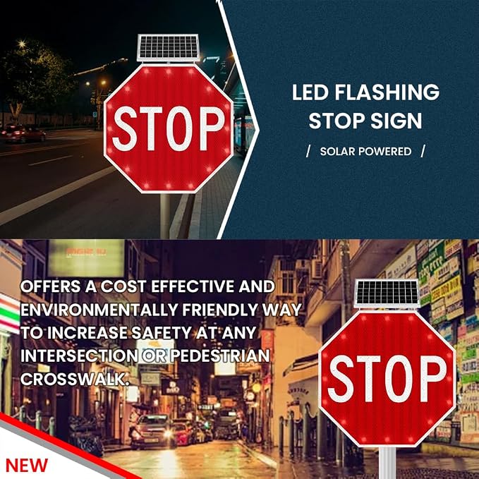 30" Solar Stop Sign Solar Powered LED Blinking Reflective Street Traffic - Image 3