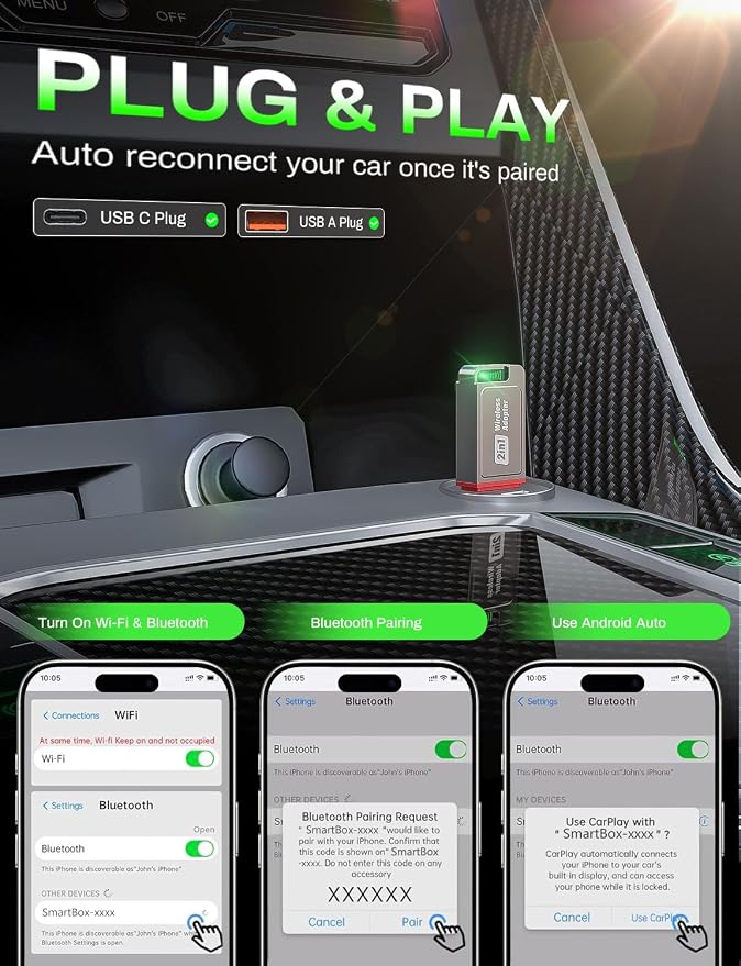 2-in-1 Wireless CarPlay Adapter Support Apple CarPlay & Android Auto, Mini - Image 3