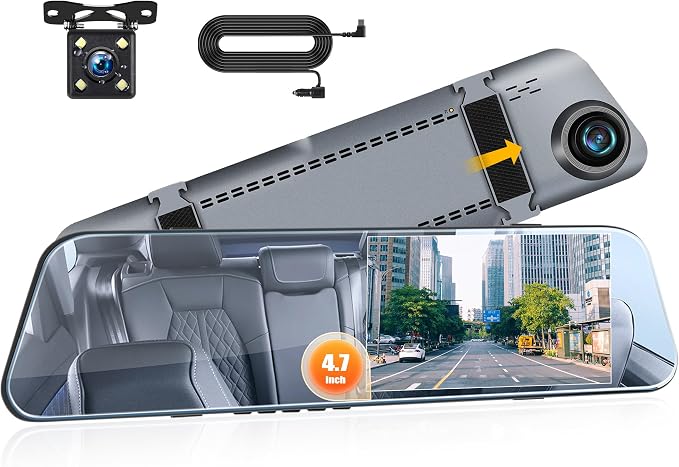 Mirror Dash Cam 4.7 Inch Rear View Mirror 720P Front and Rear View Dual Cameras by AMprimeCarStereoRadio