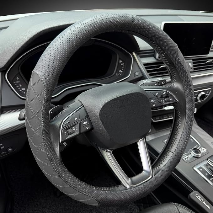 LKWLIKEI Nappa Leather Steering Wheel Cover, Elegant Diamond Checkered Design - Image 6