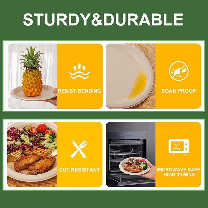 WELLIFE 100% Compostable Paper Plates 9 Inch, Biodegradable Bagasse, - Image 3