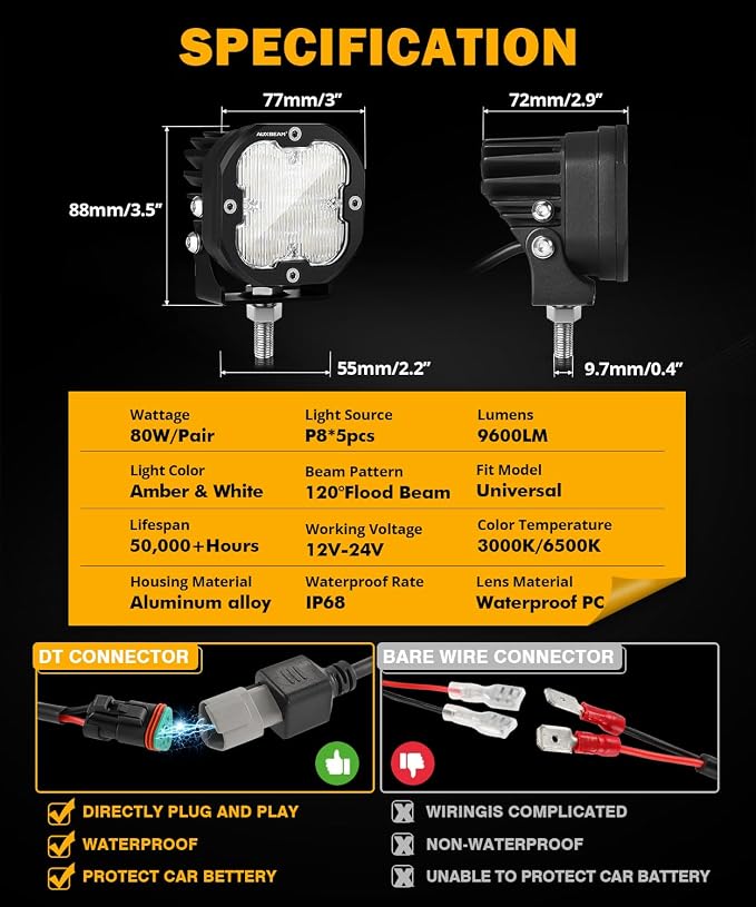 Auxbeam XP-Ultra Series 3 Inch Flood Beam LED Pods, 9600LM White Offroad - Image 5
