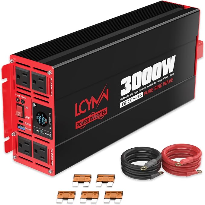 3000 Watts Power Inverter Pure Sine Wave DC 12V to 110V/120V AC 6000W Peak by LCYMW