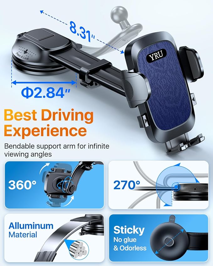 YRU Cell Phone Holder for Car Dashboard Windshield Phone Stand for iPhone16 15 - Image 7