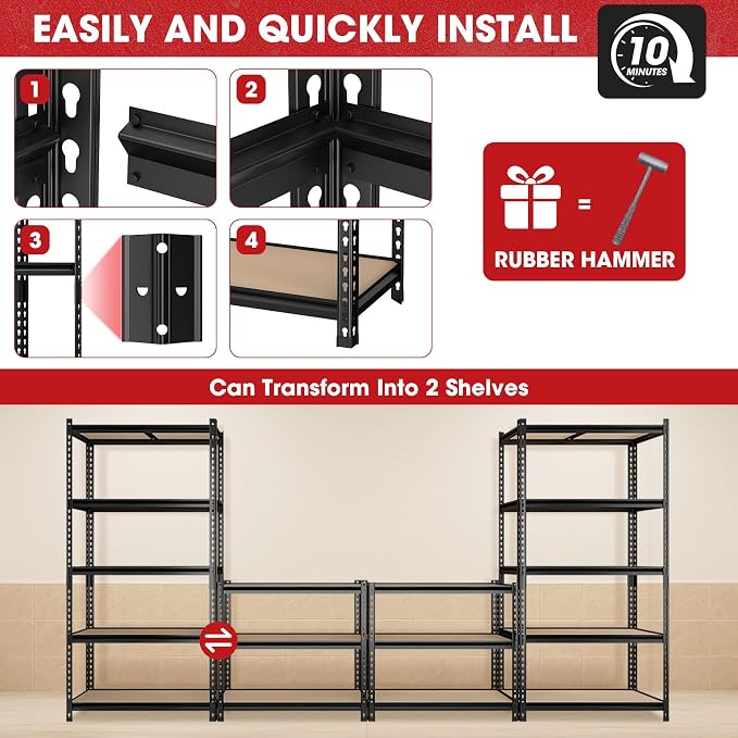 2 Pack 5 Tier Garage Shelving Unit, Adjustable Garage Storage Utility Rack - Image 5