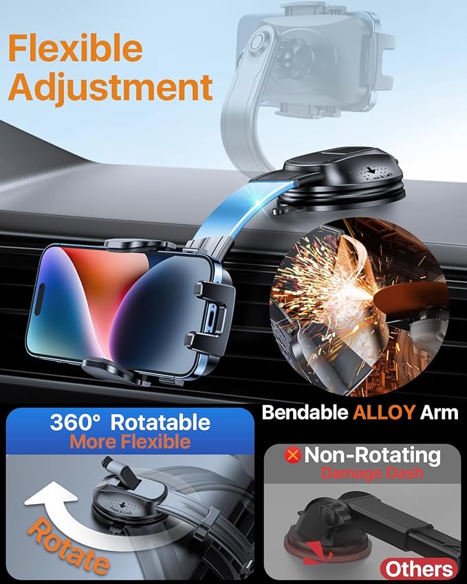 HTU Upgraded Strongest Suction Car Phone Holder Bendable Arm, Never Block View - Image 4