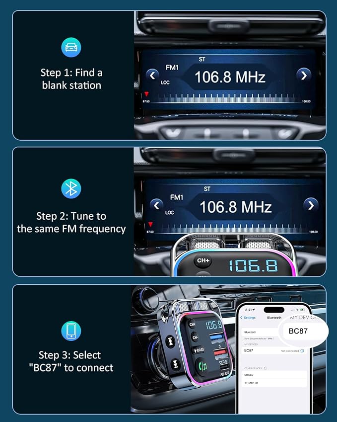 LENCENT Bluetooth 5.3 FM Transmitter Car Adapter 48W Fast Charger, Light Switch - Image 8