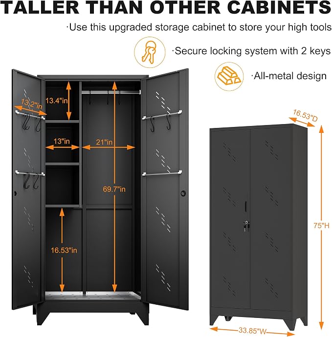 75" Metal Storage Cabinet, Tall Broom Cabinet, Garage Cabinets - Image 3