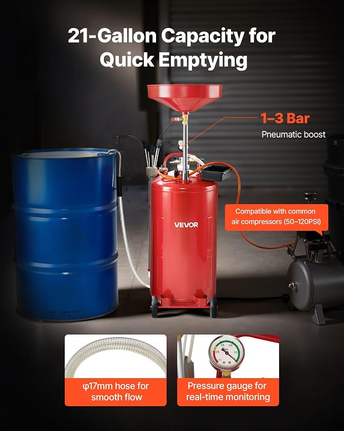 VEVOR 21 Gallon Waste Oil Drain Tank, Air Operated Portable Oil Drainer - Image 2