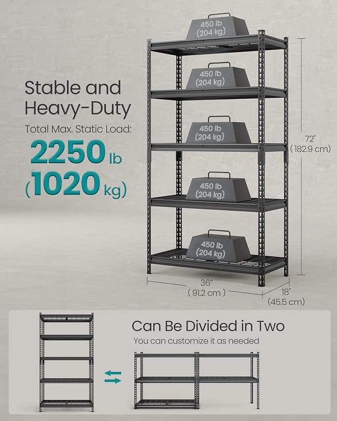 SONGMICS 5-Tier Storage Shelves Set of 2, Heavy-Duty Garage Shelving, - Image 3