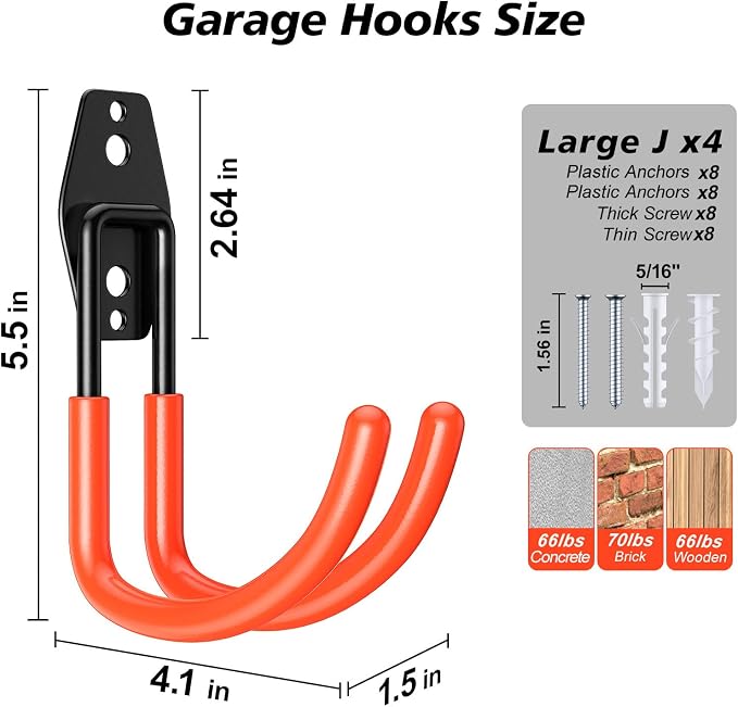 4 Pack 5.5x4.1 inch J Heavy Duty Garage Hooks, Solid Steel Wall Mount Hangers - Image 2