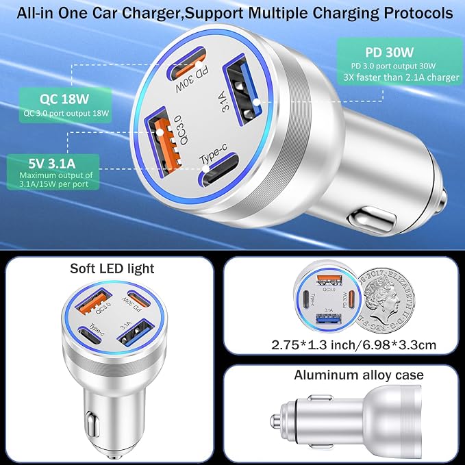 USB C Fast Car Charger, 65W 4-Port Dual USB-C & USB-A Multiport Car Phone - Image 5