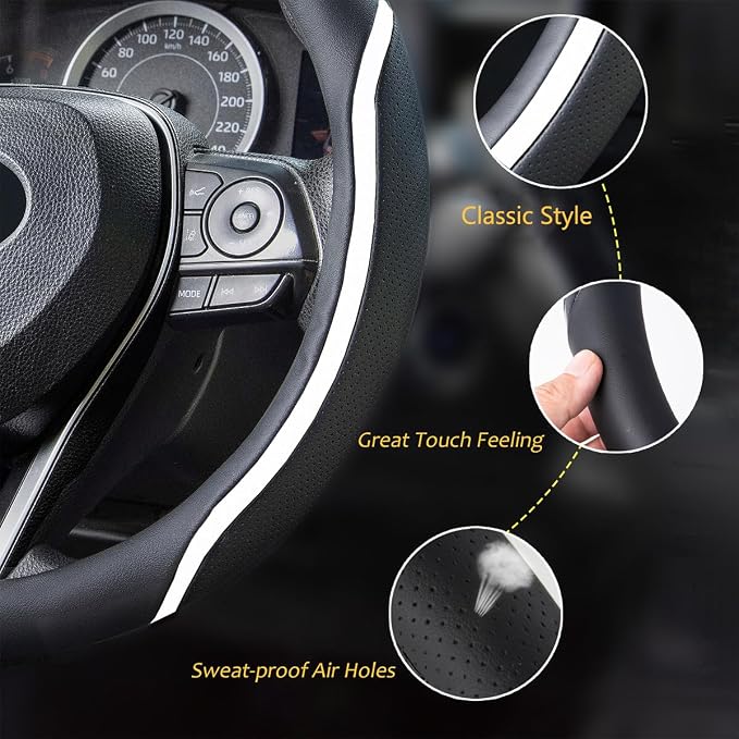 Steering Wheel Cover Black White, Carbon Fiber Car Steering Wheel Covers - Image 3
