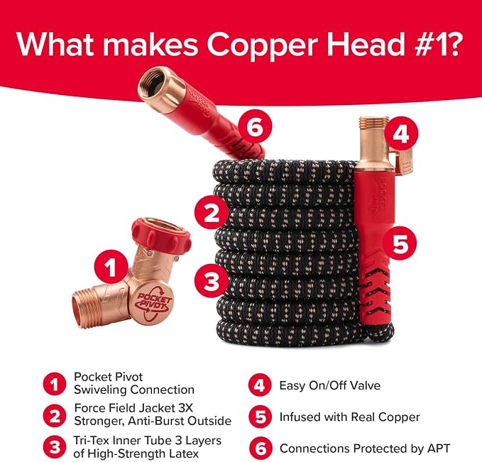Pocket Hose Copper Head w/New Pocket Pivot Expandable Garden Hose 50 FT - Image 3