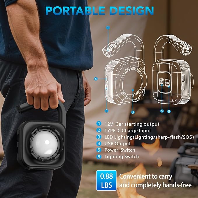 Portable Car Jump Starter with Camp Light, 2000A Peak, Ultrasafe 12V Battery - Image 6