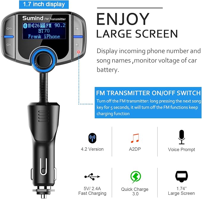 Upgraded Bluetooth FM Transmitter, Wireless Radio Adapter Hands Free Car Kit - Image 3