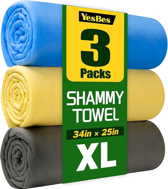 3 Pack Premium XL Shammy Cloth for Car Drying, 34”x25” Chamois Towel for Car by YesBes