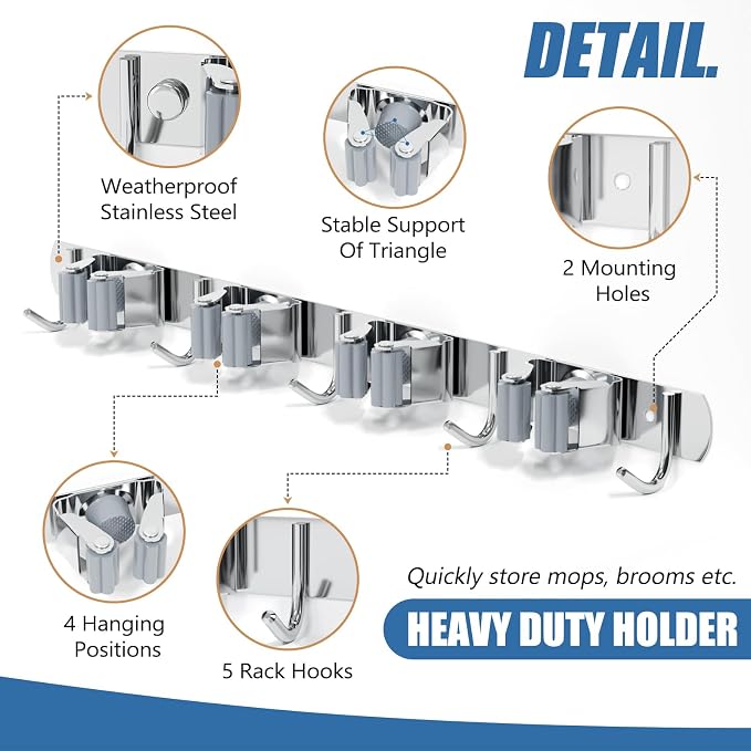 Wall Mounted Broom and Mop Organizer, Heavy Duty Stainless Steel Storage Rack - Image 4