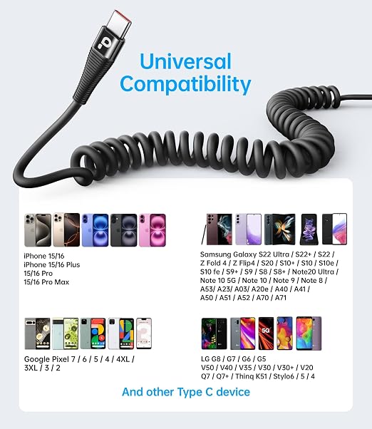 Coiled USB C to C Cable for Car 5FT, USB Type C Charger Cable 100W Short USBC - Image 7