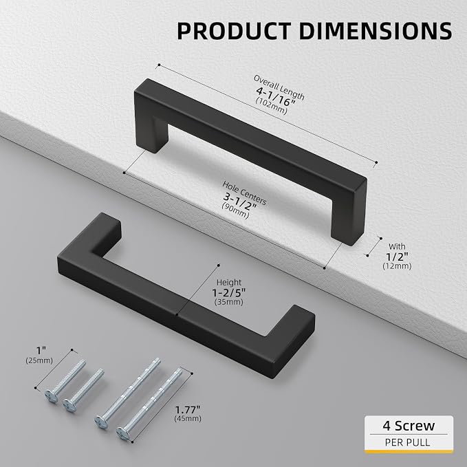 goldenwarm 45 Pack 3.5 INCH Black Square Bar Cabinet Pull - Image 2