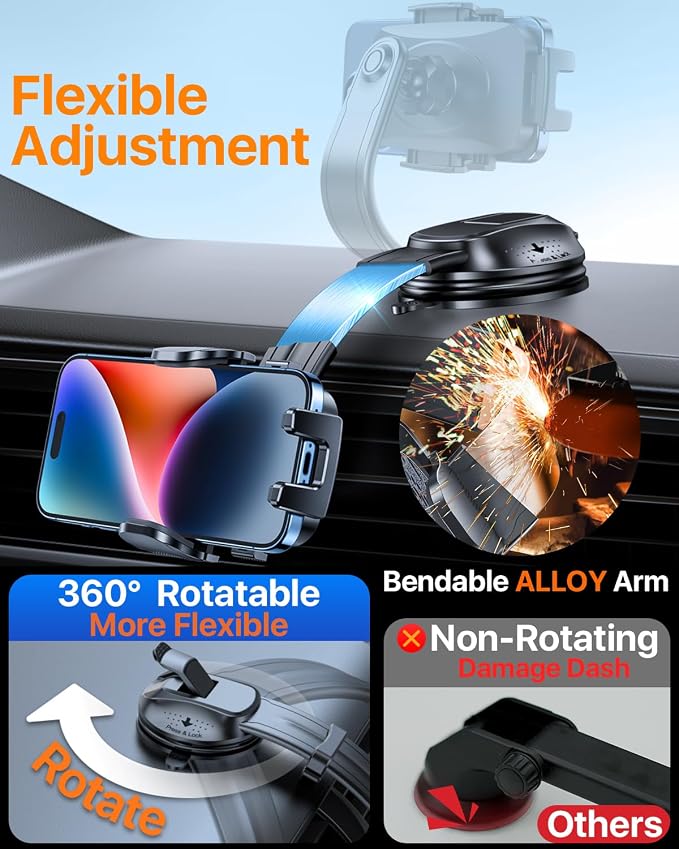 HTU Upgraded Strongest Suction Car Phone Holder Bendable Arm, Never Block View - Image 4