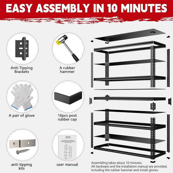 48" Wide Garage Shelving Heavy Duty 3000LBS, 5 Tier Adjustable Storage Rack - Image 8