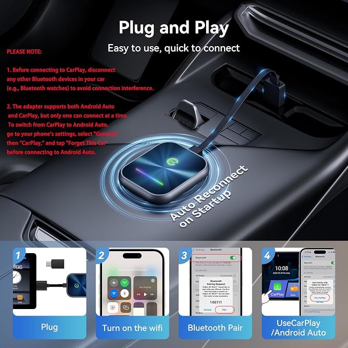Wireless CarPlay Adapter for iPhone, 2 in 1 Wireless CarPlay and Android Auto - Image 4