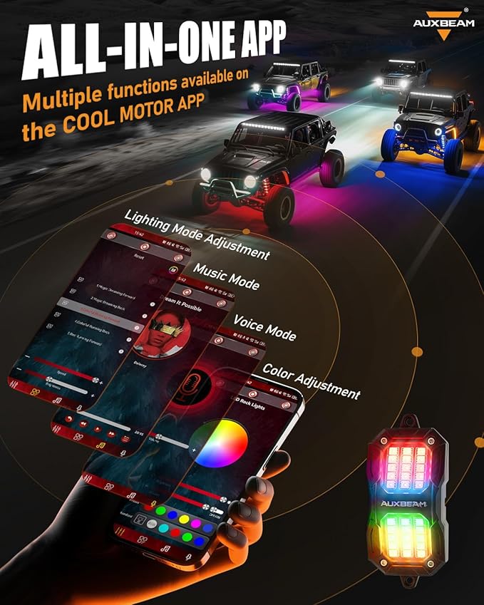 Auxbeam 8 Pods RGB LED Rock Lights w/Brake Mode, Dynamic Color Changing Wheel - Image 4