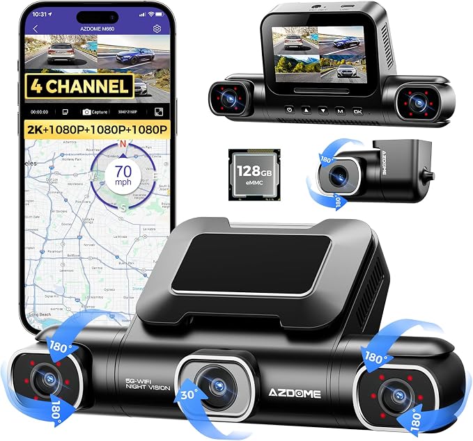 AZDOME 360° 4 Channel Dash Cam, Built-in 128GB eMMC, 2K+1080P*3 Dashcam Front by AZDOME