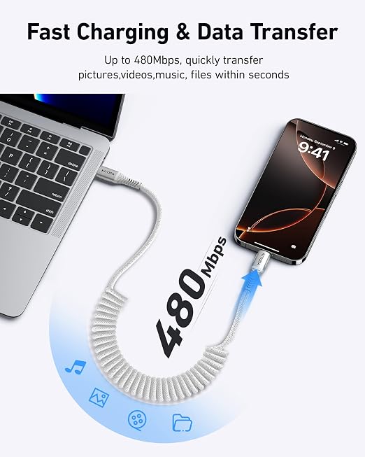 Coiled USB C to C Cable 3ft+6ft, Coiled USB C Cable - Image 5