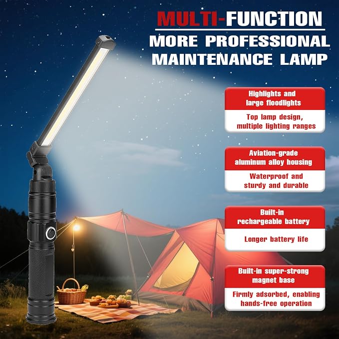 Rechargeable Work Light, 360° Rotate Design, Magnetic LED Work Light Foldable - Image 2