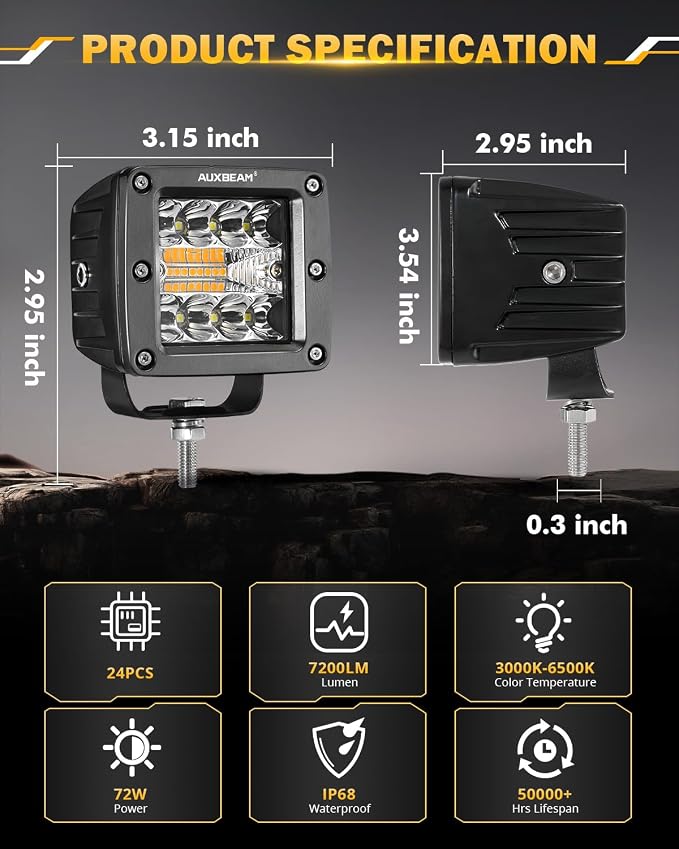 Auxbeam LED Pods 3 Inch 72W Amber Fog Light, 6 Modes Strobe Cube Pod Light Bar - Image 5