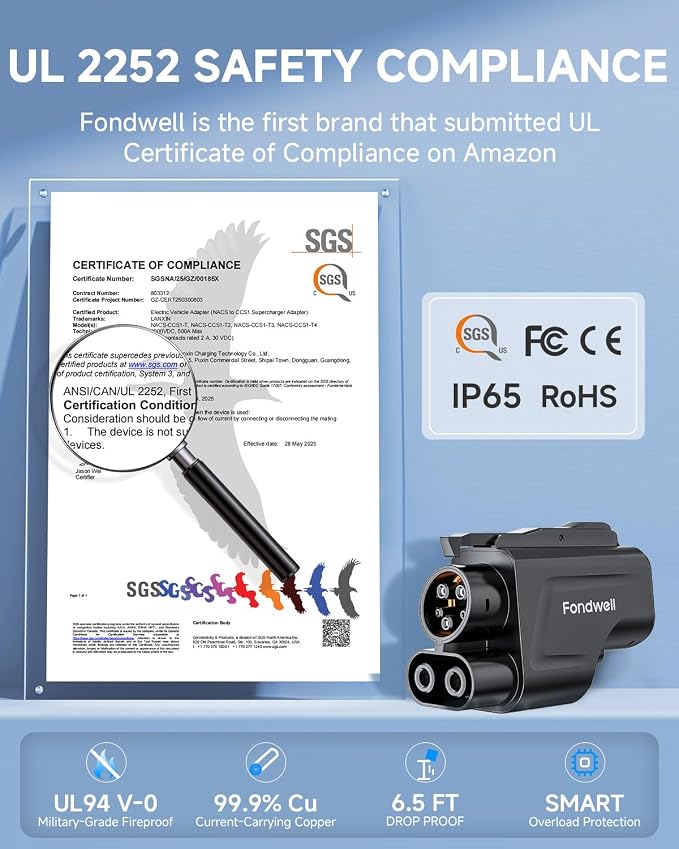 Fondwell NACS to CCS Charger Adapter: UL 2252 Safety Compliance Verified by SGS - Image 2
