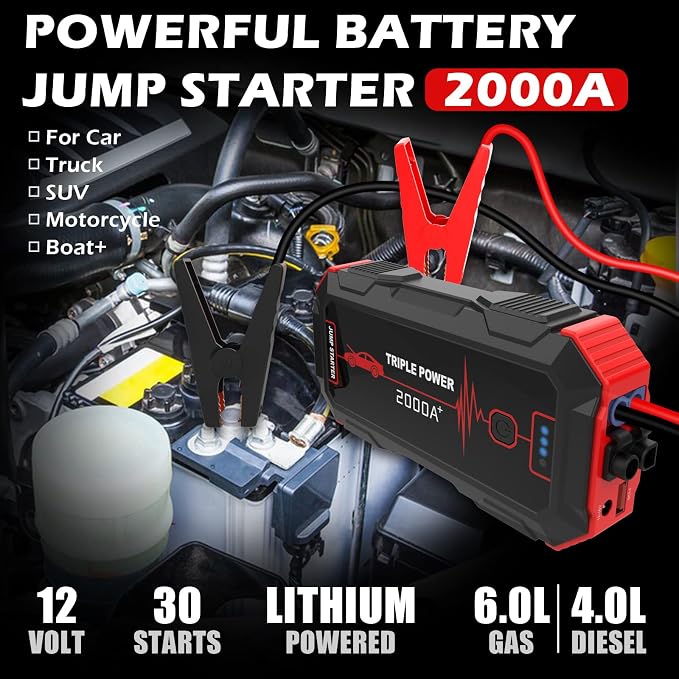 Car Jump Starter 2000A Peak 12V Car Battery Booster Pack, Portable Battery - Image 2