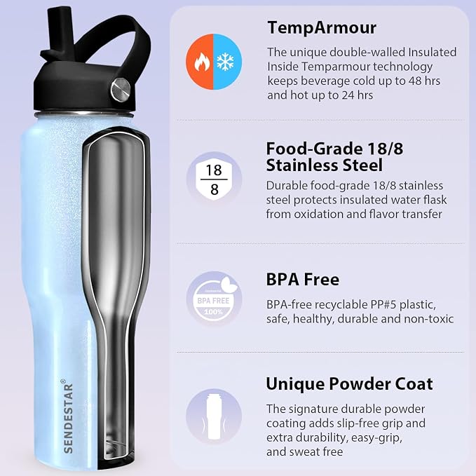 SENDESTAR 32oz Stainless Steel Water Bottle, Double Wall Vacuum Insulated Bottle - Image 3