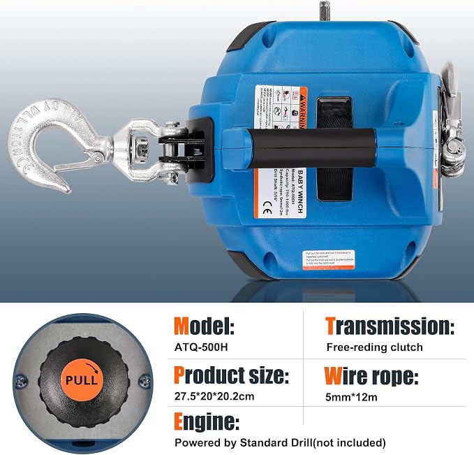 Portable Drill Winch of 1000 LB, Rotate The Hook 360 Degrees, - Image 6