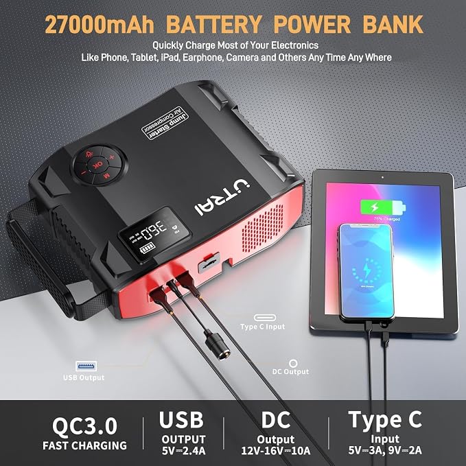 UTRAI Jump Starter with Air Compressor, 6000A 27000mAh Car Starter Jump Box - Image 4