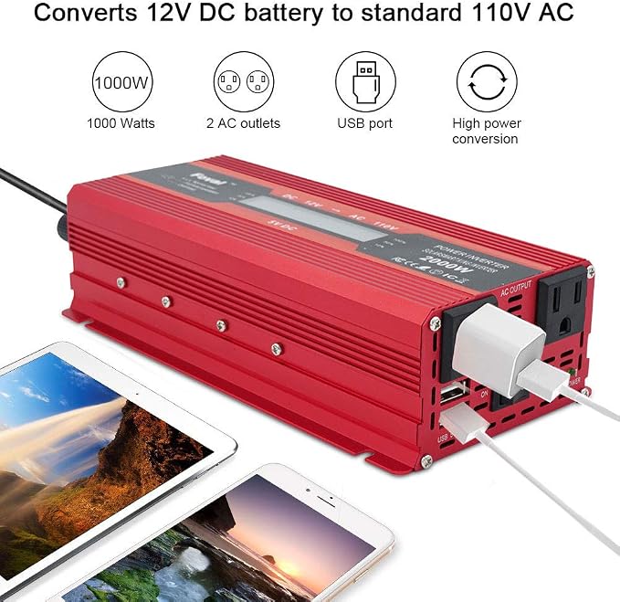 Power Inverter 1000W/2000W Dual AC Outlets and Dual USB Charging Ports DC 12V - Image 6