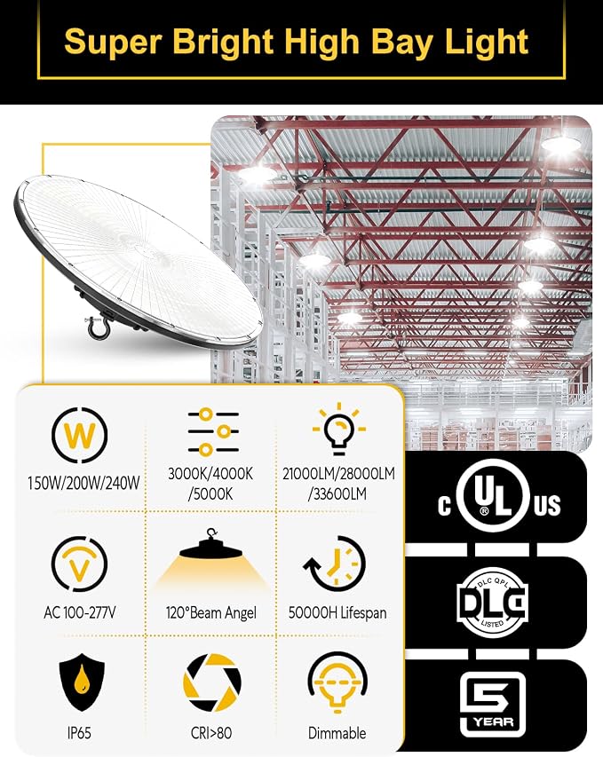 UFO LED High Bay Light, 240W/200W/150W Adjustable, UL & DLC Listed - Image 4