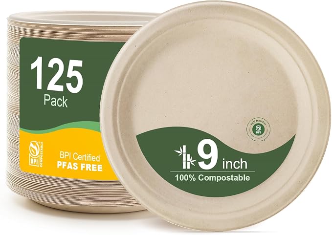 WELLIFE 100% Compostable Paper Plates 9 Inch, Biodegradable Bagasse, by WELLIFE