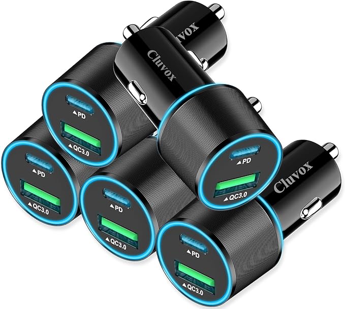 Cluvox 5 Pack USB C Car Charger, 38W Fast Charging by Cluvox