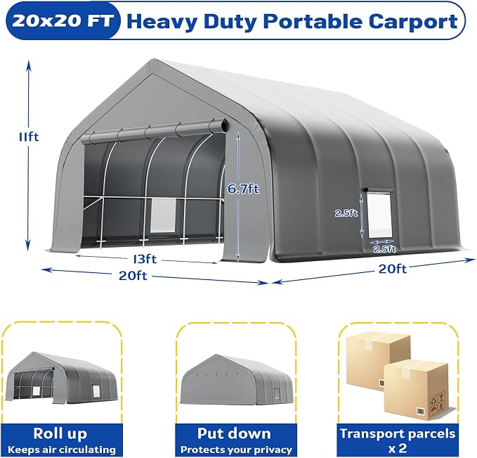 EROMMY 20x20 FT Heavy Duty Durable Carport, Galvanized Steel Frame Garage - Image 2